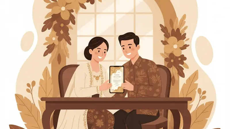 Ilustrasi keluarga sedang membuat undangan tahlil online dengan laptop dan smartphone