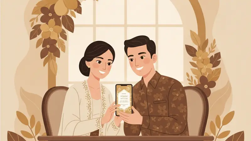 Pasangan sedang melihat laptop untuk membuat undangan tunangan online