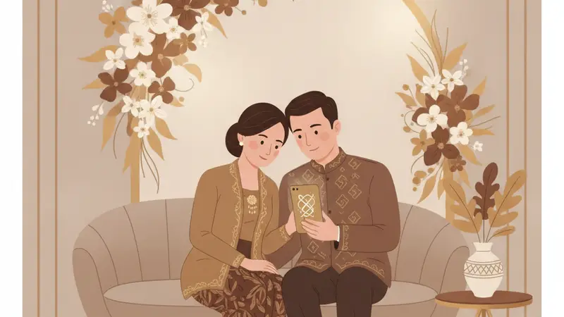 Pasangan sedang melihat web undangan pernikahan di laptop