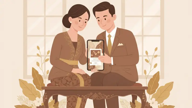 Pasangan sedang melihat desain undangan digital online di tablet
