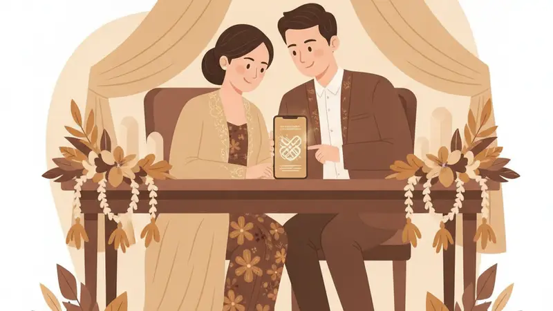 Pasangan melihat desain undangan online pernikahan di tablet