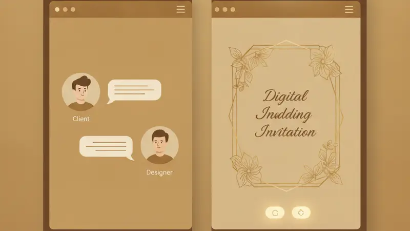 Pengantin melihat desain undangan online pernikahan di laptop