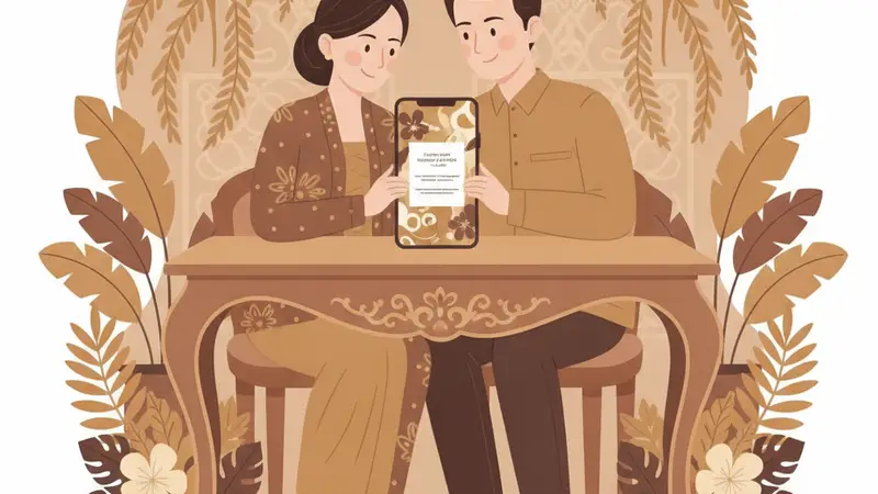 Pasangan berbahagia melihat desain undangan virtual di tablet