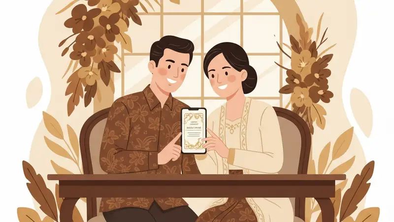 Ilustrasi pasangan sedang melihat harga buat undangan pernikahan digital di laptop