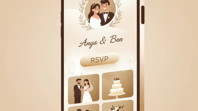 Pasangan pengantin sedang bahagia melihat undangan digital mereka