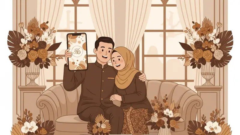 Ilustrasi pasangan sedang melihat harga membuat undangan pernikahan di laptop