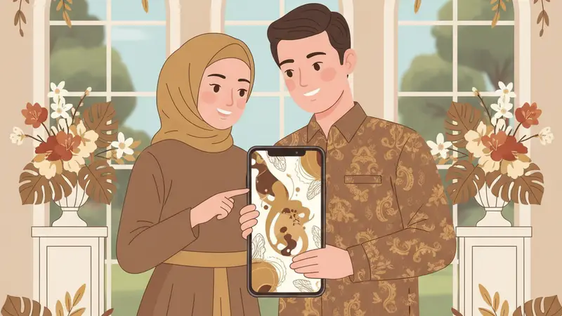 Pasangan pengantin melihat undangan digital 3D di tablet