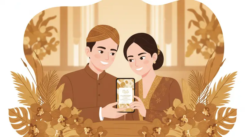 Pasangan pengantin melihat tablet menampilkan undangan pernikahan online Sannubari