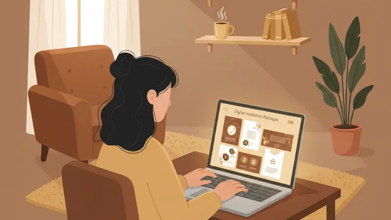Pengantin wanita sedang memegang ponsel dengan undangan pernikahan online Sannubari