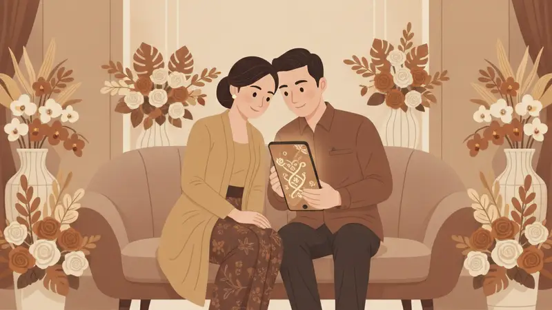 Pasangan berbahagia melihat video undangan pernikahan mereka yang dibuat oleh jasa profesional
