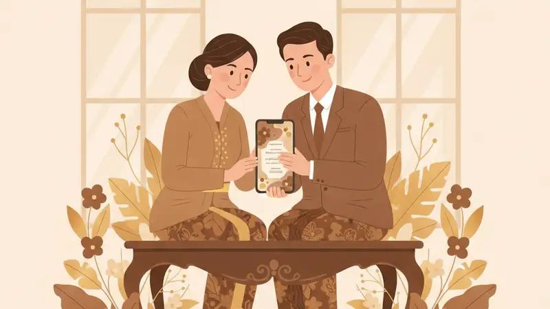 Ilustrasi pasangan sedang melihat desain undangan online di laptop
