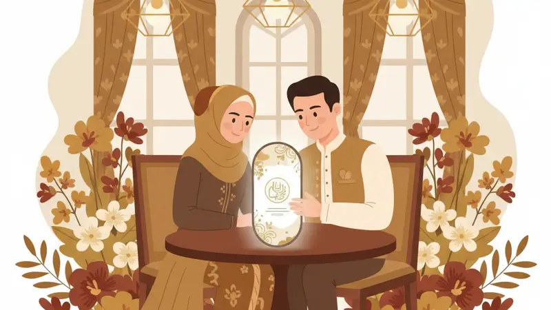 Pasangan sedang melihat undangan online di laptop