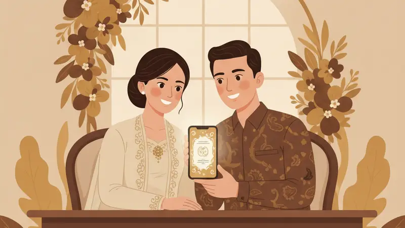 Pasangan berbahagia melihat undangan digital yang indah