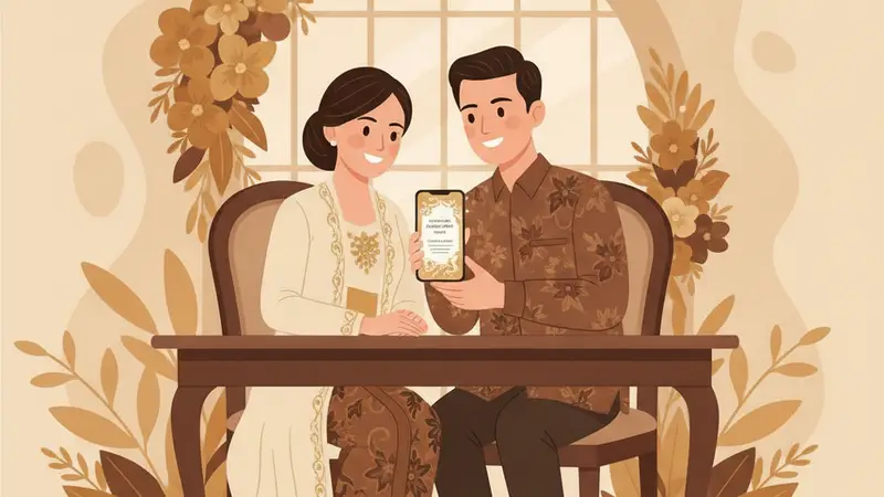 Ilustrasi pasangan sedang melihat undangan pernikahan online di tablet