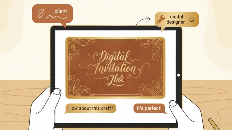 Desainer grafis sedang membuat undangan pernikahan digital di komputer