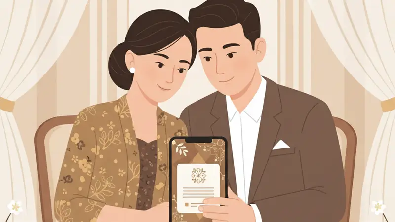 Pasangan pengantin menonton video undangan pernikahan di laptop