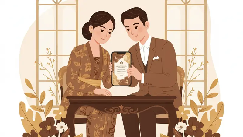Pasangan berbahagia sedang melihat jasa undangan pernikahan online di tablet