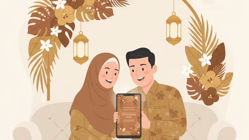 Pasangan bahagia melihat video undangan pernikahan mereka di laptop