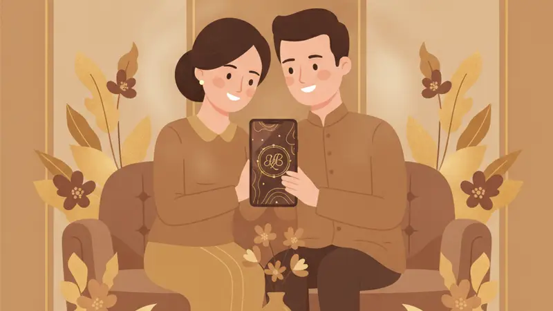 Pasangan pengantin bahagia menonton video undangan pernikahan mereka