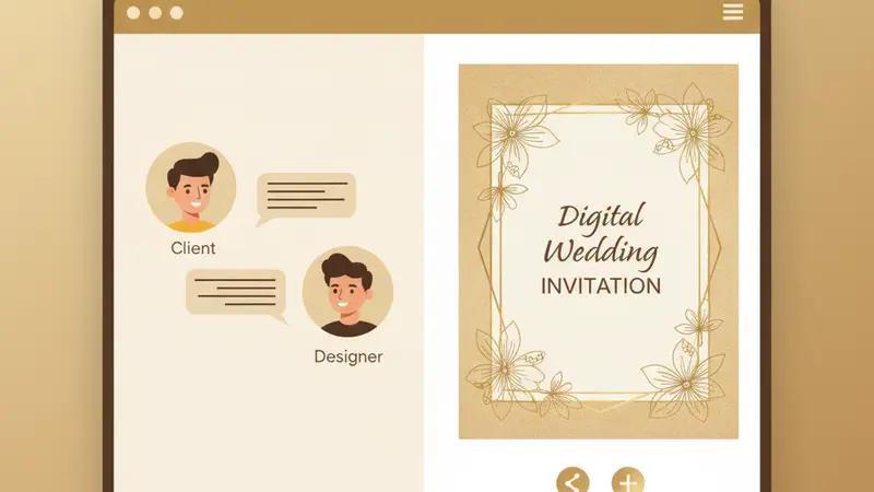 Pengantin muda sedang memilih tema video undangan pernikahan di tablet
