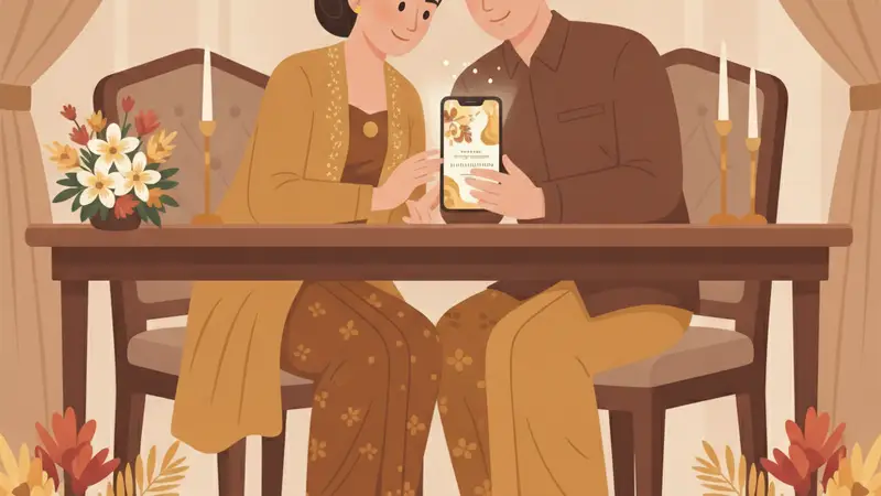 Pasangan pengantin sedang melihat kisaran harga undangan pernikahan digital di laptop