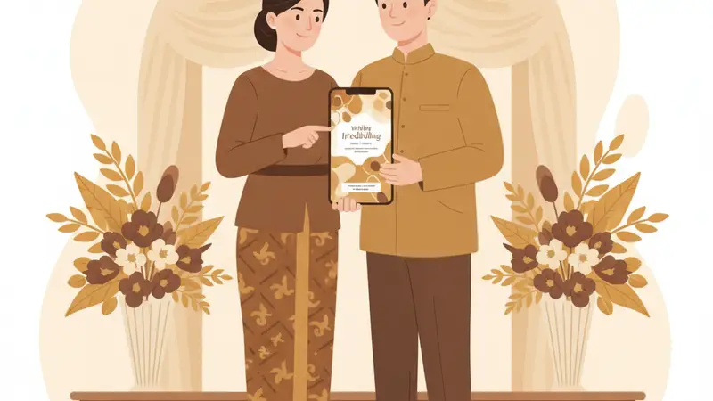 Pasangan melihat link buat undangan digital di tablet