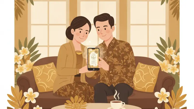 Pasangan pengantin menunjukkan link buat undangan online mereka di ponsel