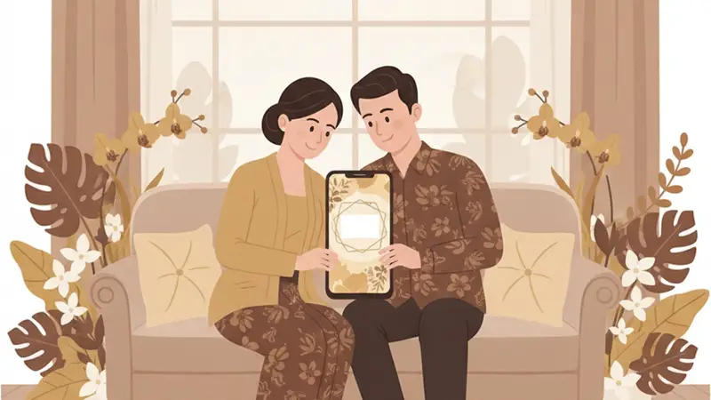 Pasangan pengantin melihat link undangan pernikahan online di tablet