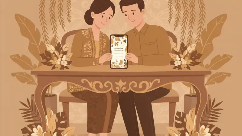 Ilustrasi pasangan melihat link desain undangan pernikahan di laptop