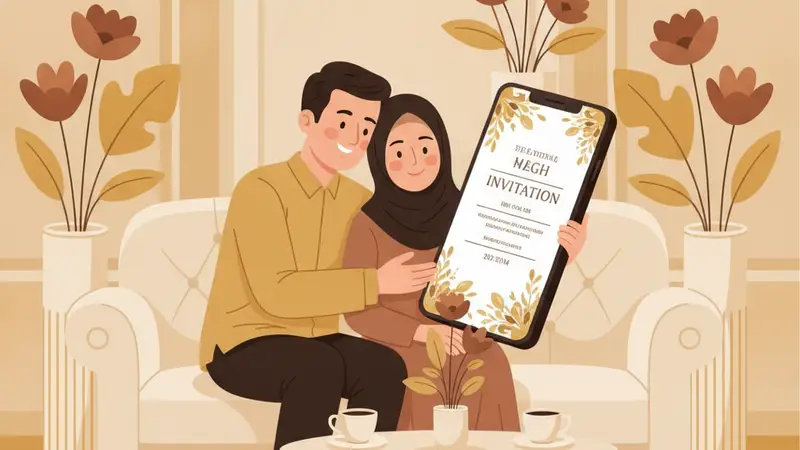 Pasangan pengantin sedang melihat link undangan pernikahan digital di laptop