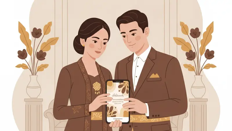 Pasangan sedang membuat desain undangan online dengan laptop dan tablet