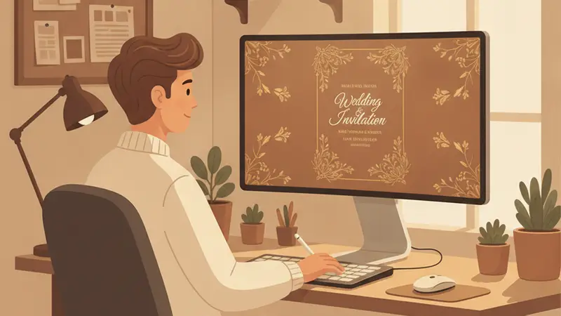 Wanita sedang memilih template untuk membuat desain undangan online