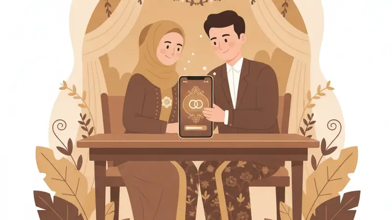 Ilustrasi keluarga sedang melihat kartu lebaran digital di tablet