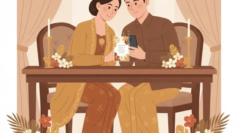 Ilustrasi keluarga sedang membuat kartu natal digital di laptop