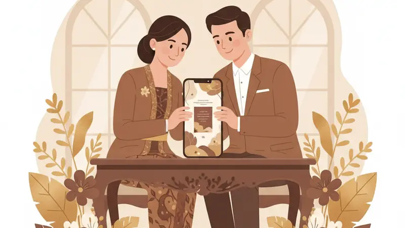 Ilustrasi seseorang sedang mendesain kartu ucapan digital di laptop dengan berbagai elemen desain