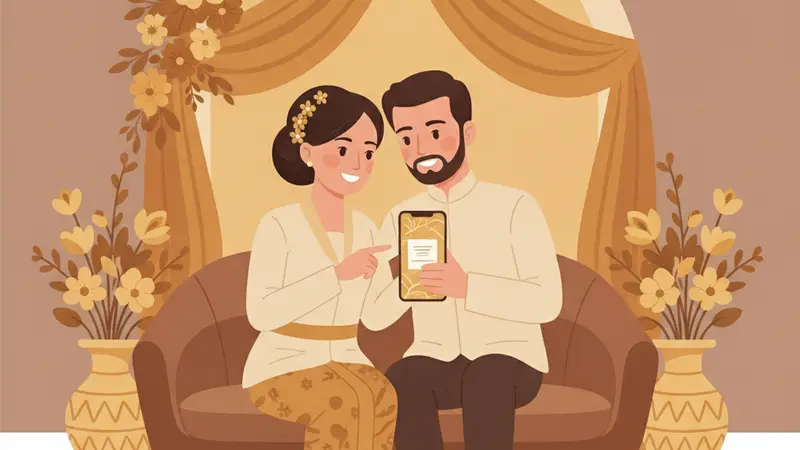 Pasangan sedang merencanakan pernikahan dengan laptop dan contoh undangan digital