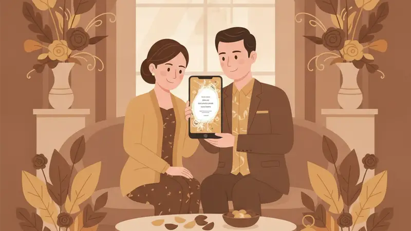Ilustrasi pasangan sedang membuat kartu undangan pernikahan online