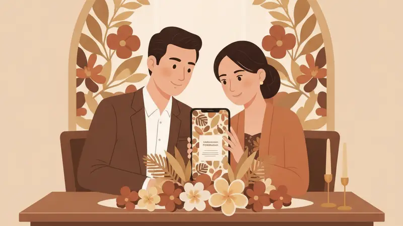 Ilustrasi pasangan sedang membuat surat undangan online dengan laptop