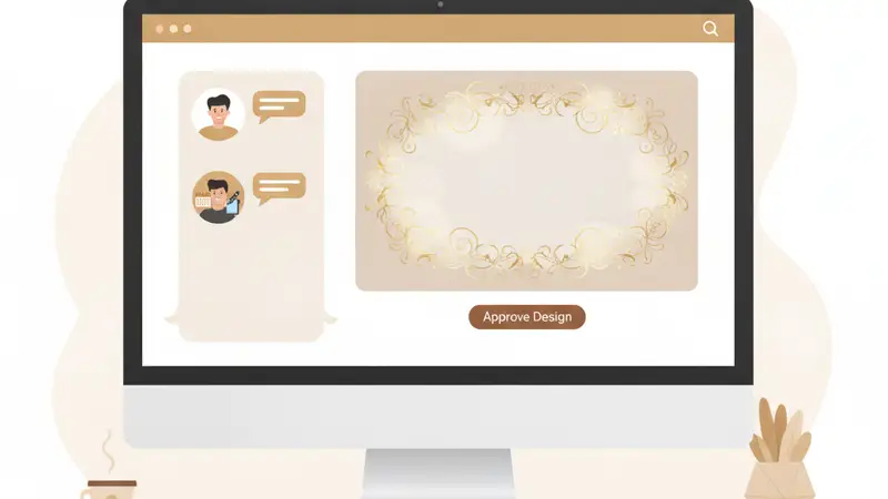 Ilustrasi orang tua memilih desain undangan aqiqah digital di laptop