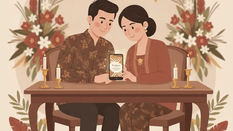 Ilustrasi keluarga bahagia dengan bayi dan undangan aqiqah digital