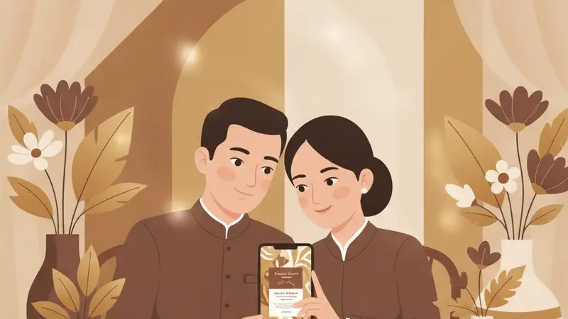 Ilustrasi pasangan sedang melihat desain undangan online web di laptop