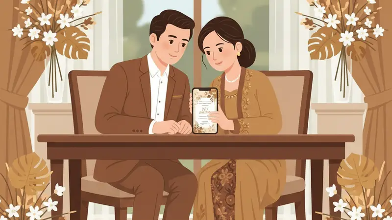 Pasangan sedang membuat undangan pernikahan online gratis di laptop