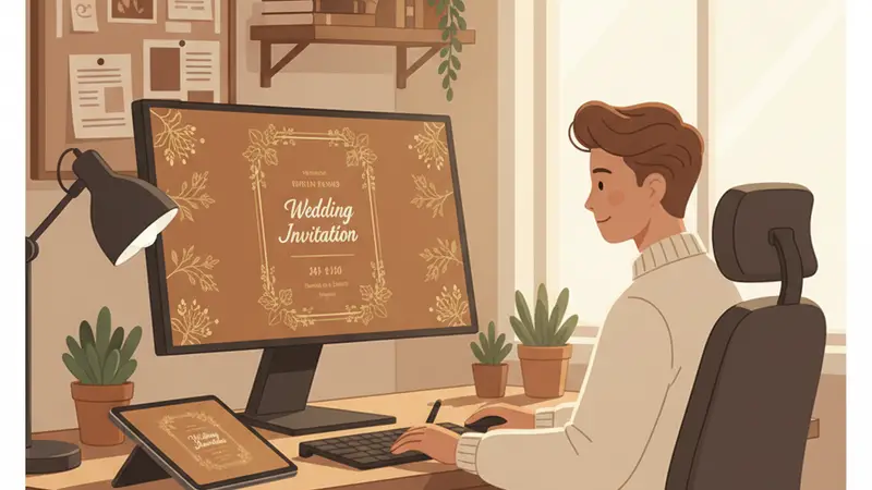 Seorang desainer grafis sedang mendesain undangan pernikahan online gratis di laptop