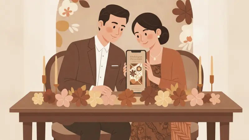Pasangan pengantin sedang melihat undangan pernikahan website di laptop