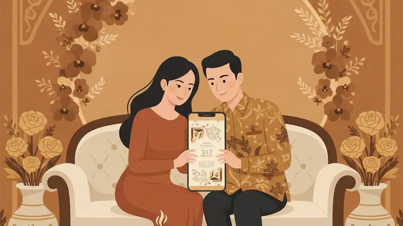 Pasangan sedang melihat undangan online di laptop