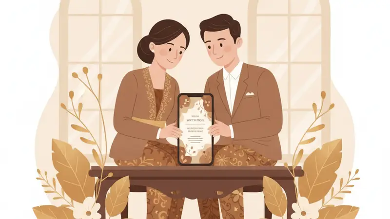 Ilustrasi pasangan sedang melihat undangan pernikahan online di tablet