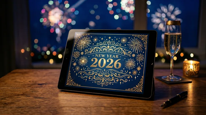 Template ucapan digital Tahun Baru 2026 dengan motif kembang api emas di tablet