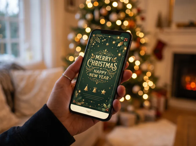 Contoh halaman ucapan digital Natal di smartphone dengan desain emas dan hijau