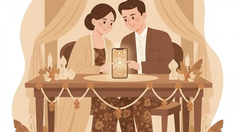Ilustrasi keluarga Muslim bahagia dengan anak laki-laki yang baru dikhitan, di samping tablet menampilkan undangan digital khitanan yang elegan