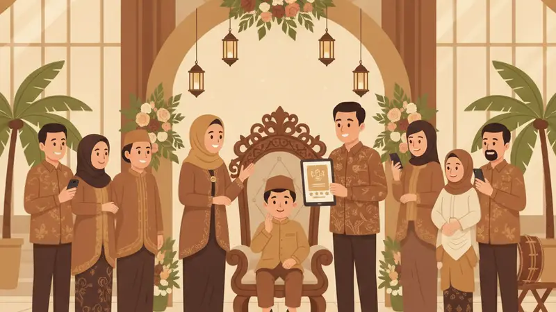 Seorang desainer grafis sedang membuat desain undangan digital khitanan di laptop dengan tampilan Sannubari.com